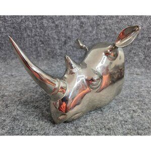 Polished Silver Tone Rhino Head Wall Mount Sculpture 9 x 6.5 Artistic Decor